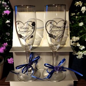 2 Vtg Rawcliffe Heart Happy Anniversary Crystal Wine Champagne Glasses Roses